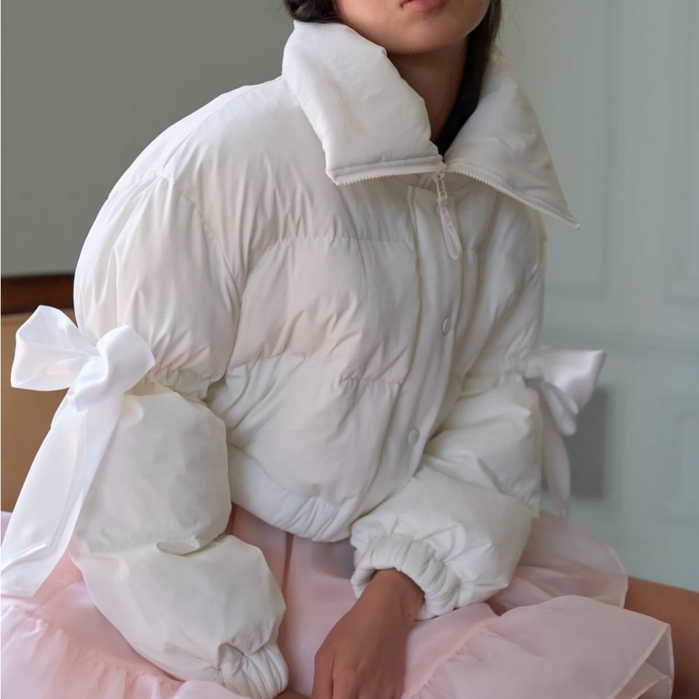 Selkie Ivory White Marshmallow Puffer Jacket with Bow Sleeve Details